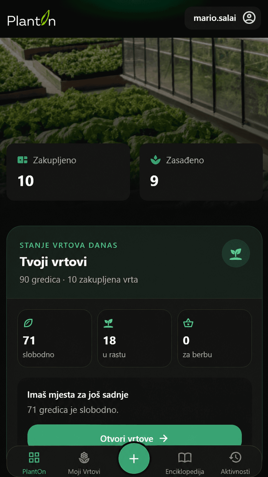 PlantOn aplikacija prikazuje stanje vrtova, gredica i sadnje